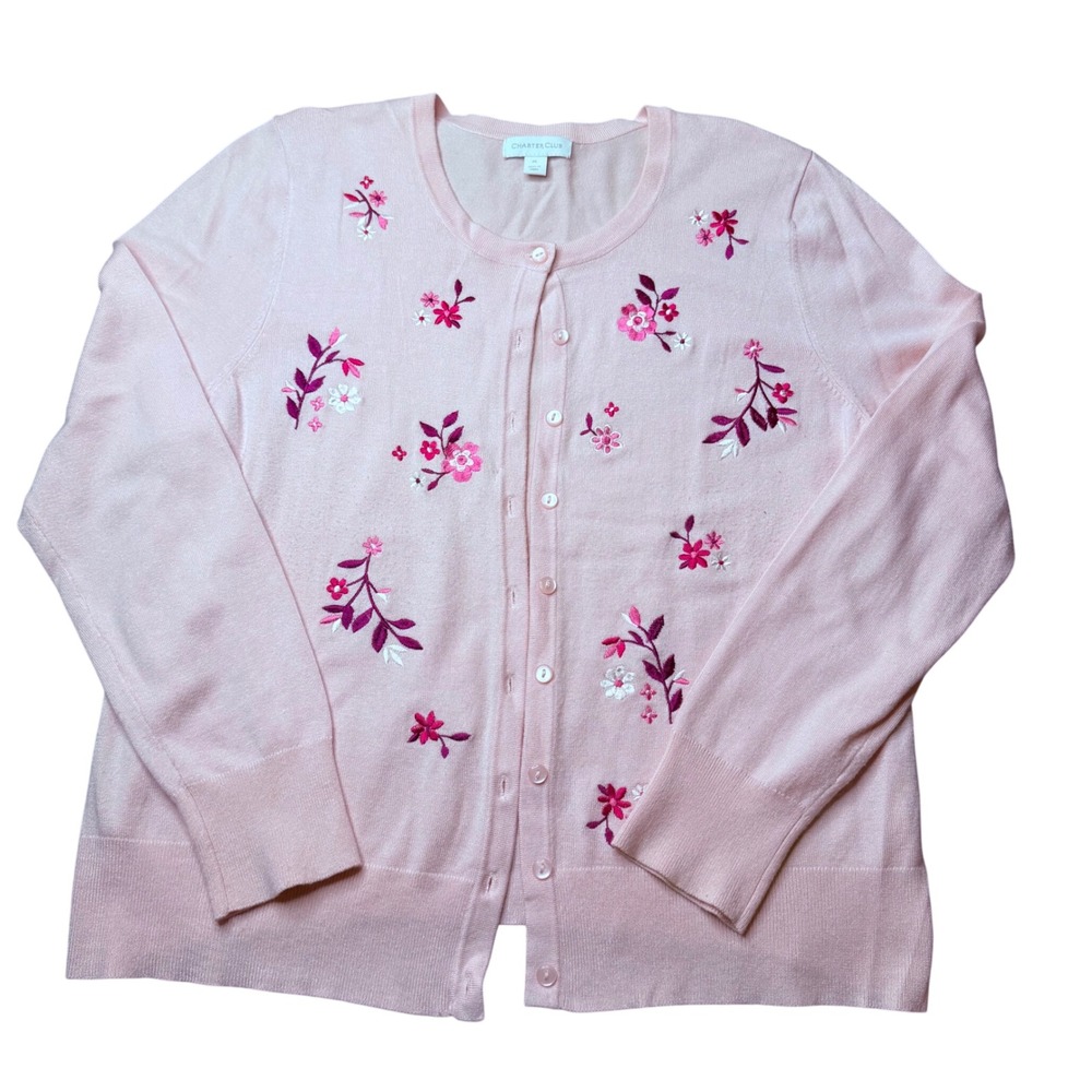 Charter Club Cardigan Womens PL Pink Floral Embroidered Button Front‎ Sweater
